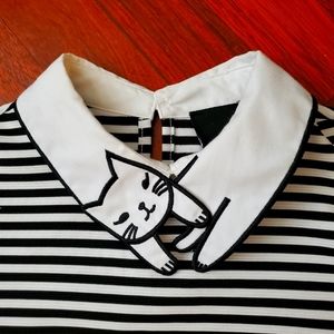 Sweet Claire kitty cat collar black & white striped polo shirt 😻 Cutecore sz S